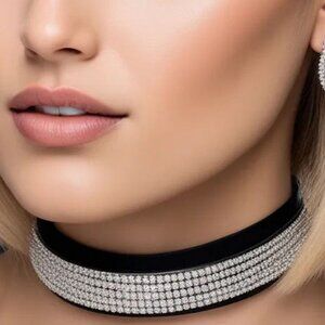 Rhinestone And Black Fabric Choker, Black Choker With Rhinestone Band Overlay